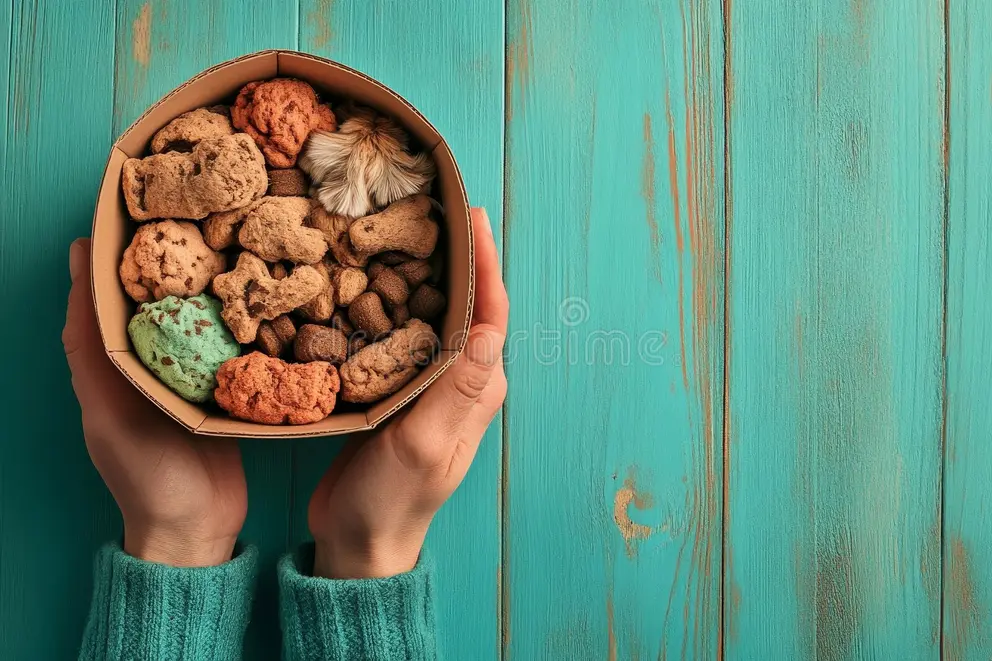 Manos sosteniendo una caja con golosinas y alimento para mascotas